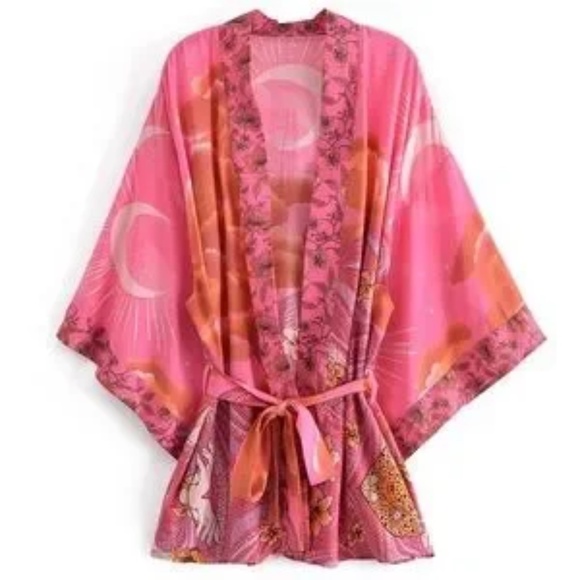Fuchsia Pink Cosmic Galaxy Moon Boho Short Kimono Coverup Robe - Picture 1 of 9